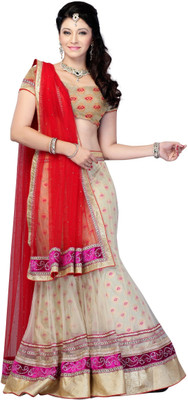 

JTInternational Self Design Fashion Net Saree(Beige, Red)