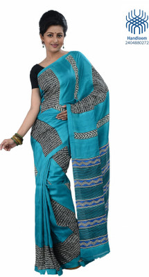 

Tantuja Printed Fashion Handloom Silk Saree(Light Blue, Grey)