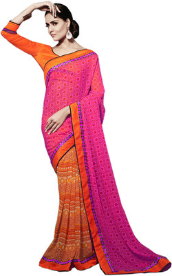 

Helixenterprise Printed Fashion Handloom Georgette Saree(Orange), Orange;pink