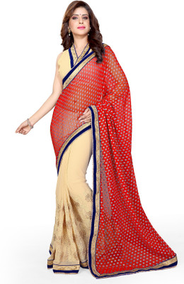 

Sourbh Sarees Embroidered Fashion Jacquard, Georgette Saree(Red, Beige), Cream;red