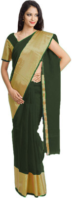 

Javuli Self Design Arani Pattu Handloom Silk Cotton Blend Saree(Dark Green)