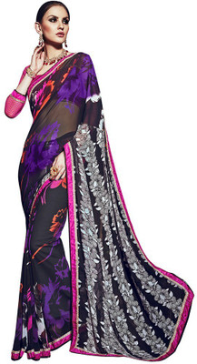 

Desi Butik Printed Fashion Georgette Saree(Black, Grey), Black and grey