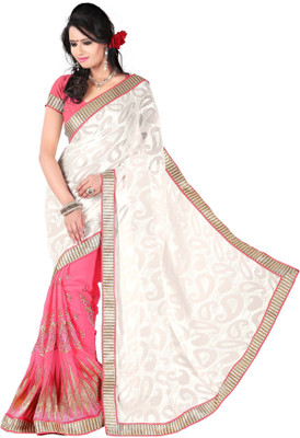

Jiya Self Design, Embroidered Fashion Georgette Saree(Pink, White), Offwhite;pink