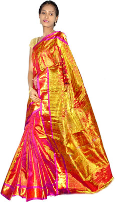

Mahaveersilkcreations Woven Kanjivaram Handloom Silk Saree(Pink), Pink masakkali