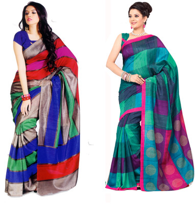 Sunaina Striped Bhagalpuri Cotton, Silk Saree(Pack of 2, Multicolor)