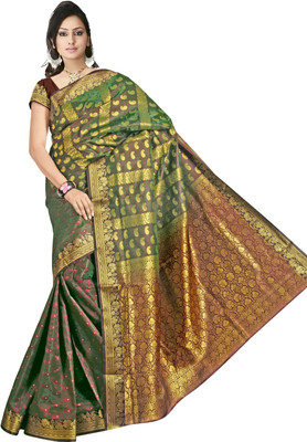 

JagannathSaree Embellished Mysore Silk Saree(Green, Brown), Brown;green