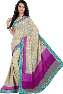 

Khoobee Self Design, Printed Fashion Georgette Saree(Beige, White)