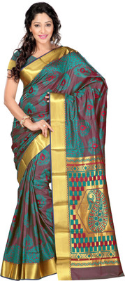 

Varkala Silk Sarees Woven Kanjivaram Saree(Dark Green, Red), Rama
