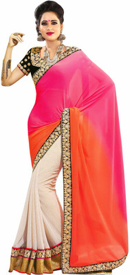 

Indian Wear Online Embroidered Fashion Georgette Saree(Pink, Orange), Orange;pink