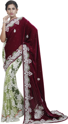 Adaab Embroidered Fashion Velvet Saree(Magenta), Green net;magenta velvet
