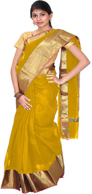 

Javuli Woven Arani Pattu Handloom Silk Cotton Blend Saree(Gold), Light green