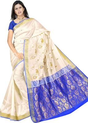 

JagannathSaree Embellished Bollywood Silk Saree(White, Blue), Blue;white