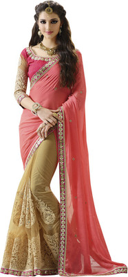 

Saara Embroidered Fashion Chiffon Saree(Pink, Beige), Peach pink & beige