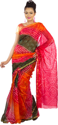 

Jaipur Kurti Printed Bandhani Art Silk Saree(Multicolor), Shaded red;green and orange