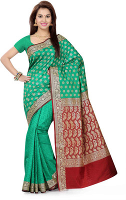 Ishin Woven Fashion Cotton Saree(Green), Green & red