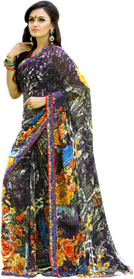

Parisha Floral Print, Printed Fashion Georgette Saree(Black, Multicolor)