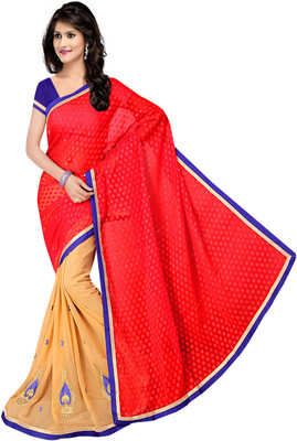 

Shree Rajlaxmi Sarees Embroidered Bollywood Chiffon, Jacquard Saree(Red, Beige), Beige;red