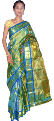 

Mahaveersilkcreations Woven Kanjivaram Handloom Silk Saree(Light Blue), Light skyblue