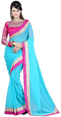 

Monika Silk Mill Plain Daily Wear Georgette Saree(Blue)