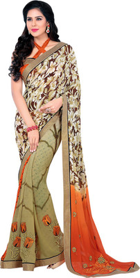 Saara Embroidered Fashion Georgette Saree(Beige, Orange)