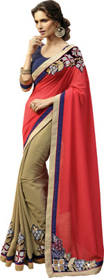 

Lovelylook Embroidered Daily Wear Georgette, Georgette, Jacquard Saree(Red, Beige)