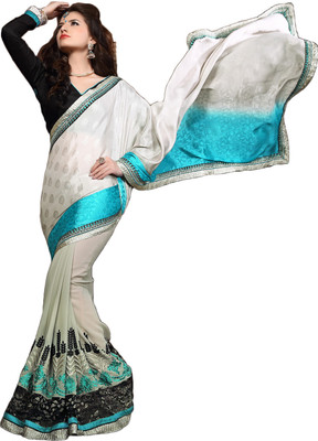

Khoobee Self Design, Embroidered, Embellished Fashion Georgette, Jacquard Saree(White, Light Blue, Black), Black;light blue;white