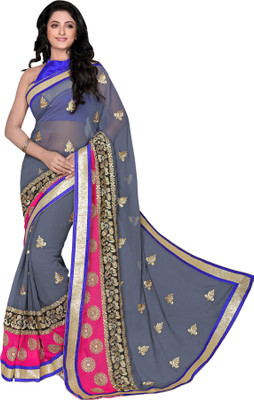 

Khoobee Self Design, Embroidered, Embellished Fashion Georgette Saree(Grey, Pink, Black), Black;grey;pink