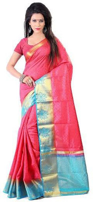 

tehrin Woven Fashion Tussar Silk Saree(Pink, Dark Blue), Strawbery/ananda blue