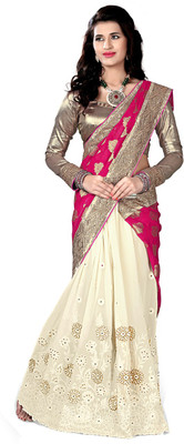 

Aasvaa Embroidered Fashion Raw Silk Saree(White, Pink), White and pink