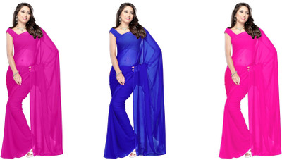 

Lovely Look Solid Daily Wear Georgette Saree(Pack of 3, Pink, Blue, Pink), Pink & royal blue & dark pink