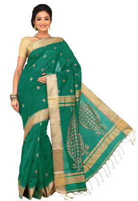 

Sangam Kolkata Printed Tant Handloom Cotton Saree(Light Green)