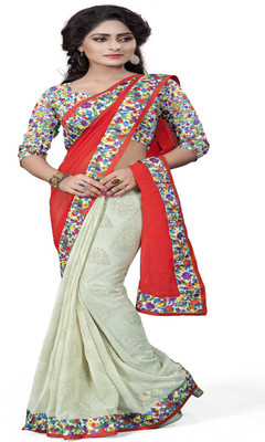 

Omkarcreation Solid Fashion Georgette Saree(Red, White), Multicolor
