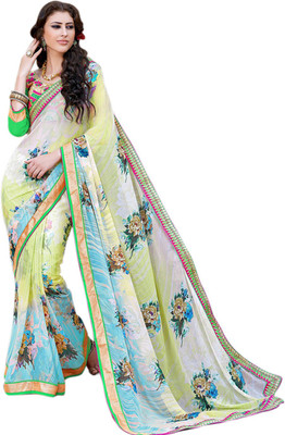 Saara Floral Print Daily Wear Georgette Saree(White, Light Blue)