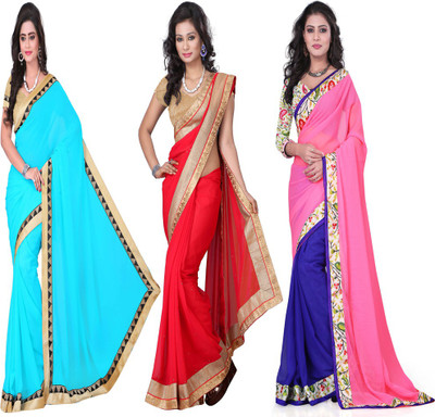 

Aai Shree Khodiyar Art Solid Bollywood Chiffon Saree(Pack of 3, Multicolor)
