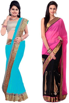 

Stylezone Embroidered Fashion Chiffon Saree(Pack of 2, Blue, Pink)