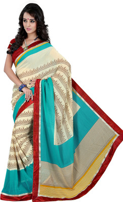 

Khoobee Self Design, Printed Fashion Georgette Saree(Light Blue, Beige), Beige;light blue