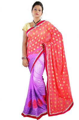 

Hawai Embroidered Fashion Chiffon Saree(Red, Purple), Purple;red