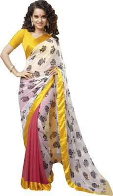 

Jiya Self Design, Printed Fashion Georgette Saree(White, Black, Pink), Black;pink;white