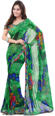 

Cenizas Floral Print Fashion Chiffon Saree(Green)