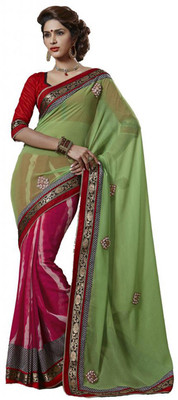 

Desi Butik Self Design Fashion Chiffon Saree(Multicolor), Green;pink