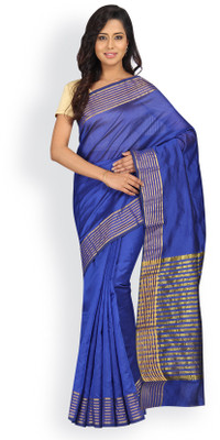 

Pavechas Solid Banarasi Silk Cotton Blend Saree(Blue, Purple
