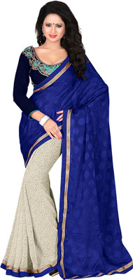 

Khoobee Self Design, Embroidered Fashion Georgette, Jacquard Saree(White, Blue), Blue;white