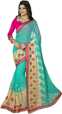 

Jiya Embroidered, Self Design Fashion Chiffon Saree(Multicolor), Beige;light blue;turquoise