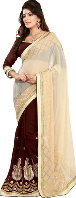 

Khoobee Self Design, Embroidered, Embellished Fashion Georgette, Jacquard Saree(Beige, Maroon