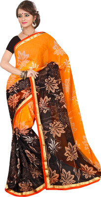 

Khushali Self Design, Printed Fashion Georgette Saree(Black, Orange)
