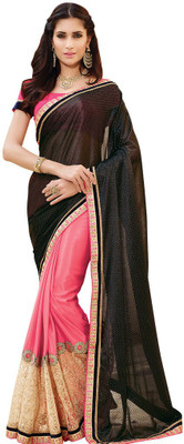 

Desi Butik Embroidered Fashion Chiffon Saree(Pink, Black), Pink and black