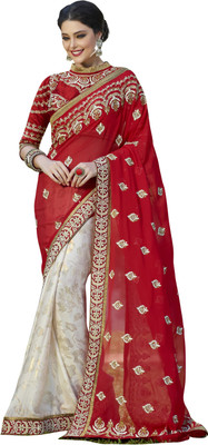

Khushali Self Design, Embroidered, Embellished Fashion Georgette Saree(Red, White