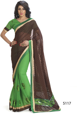 

Indianbeauty Self Design, Embroidered Bollywood Jacquard, Georgette Saree(Brown, Green)