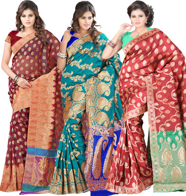 

It's Banii Woven Banarasi Handloom Banarasi Silk Saree(Pack of 3, Maroon, Green, Red), Light green;maroon;red