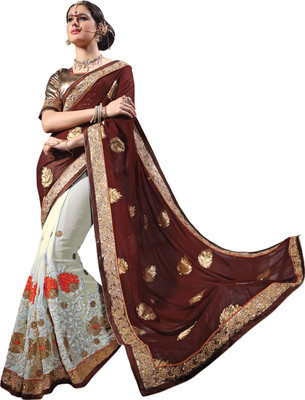 

Khoobee Self Design, Embroidered, Embellished Fashion Georgette, Viscose Saree(Maroon, Beige), Beige;maroon